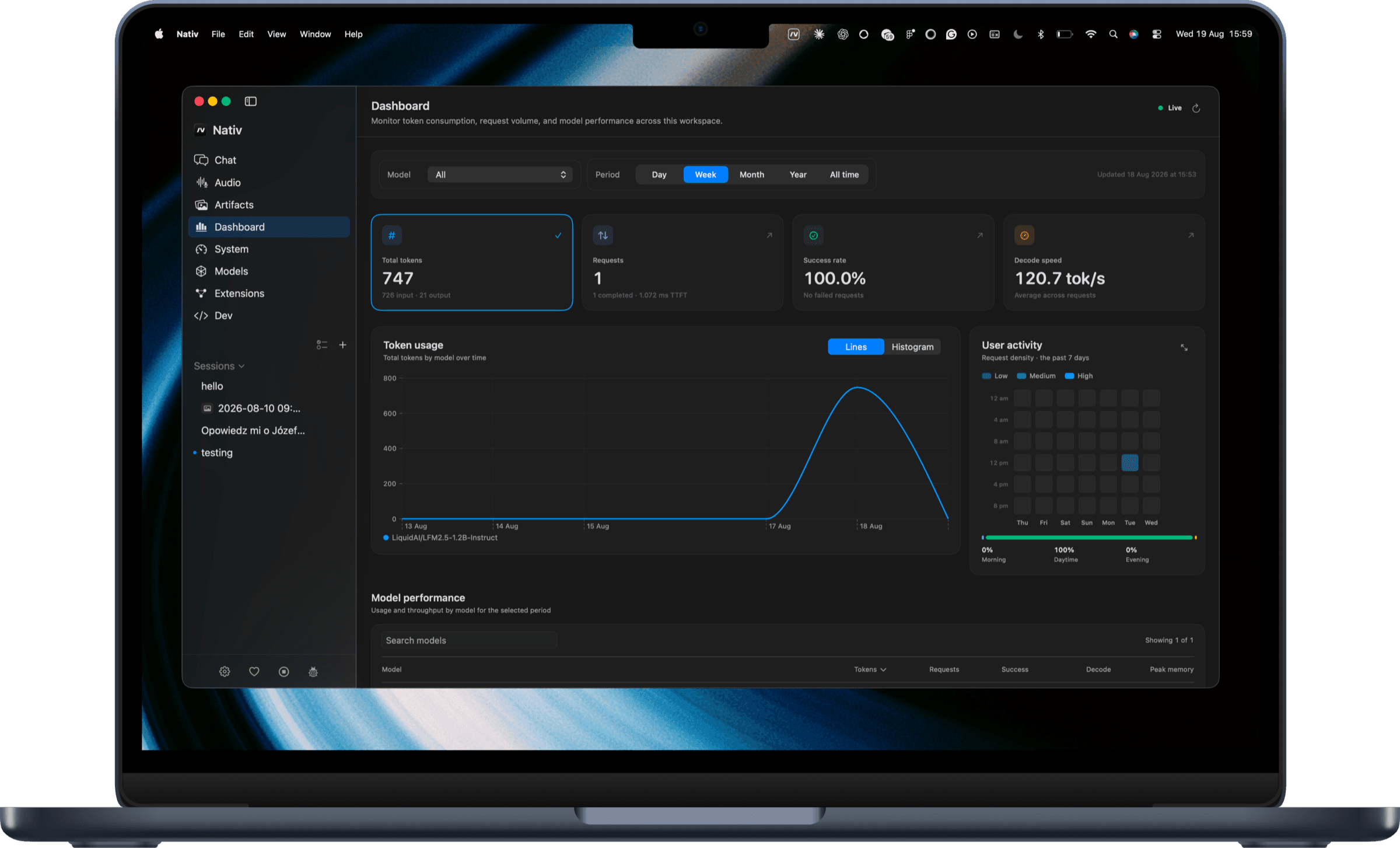 The Nativ desktop app running a local model on a MacBook Pro